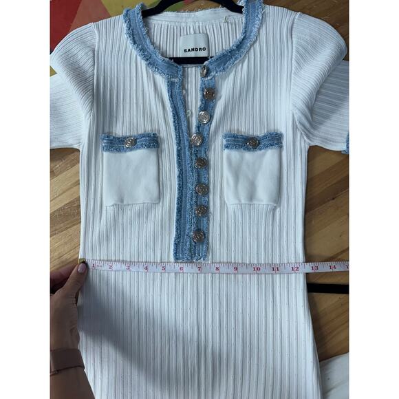 Sandro Alecia Knit and Denim Midi Dress Ribbed Midi Dress - Picture 8 of 9